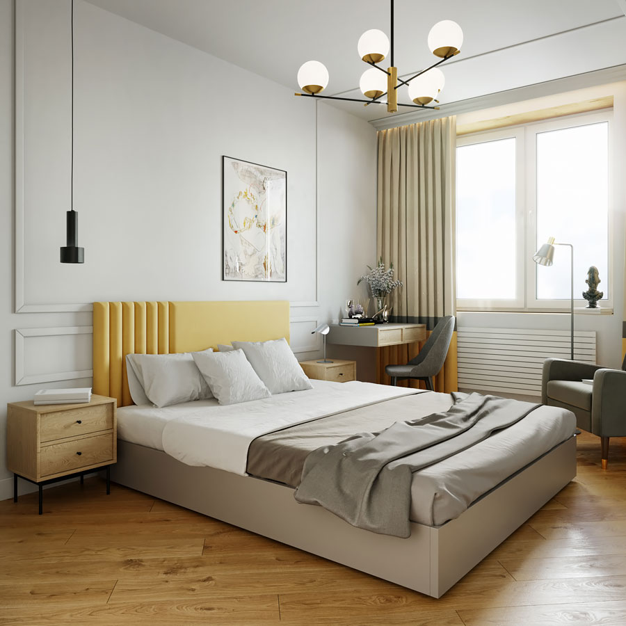 Дизайн интерьера спальни трёхкомнатной квартиры
