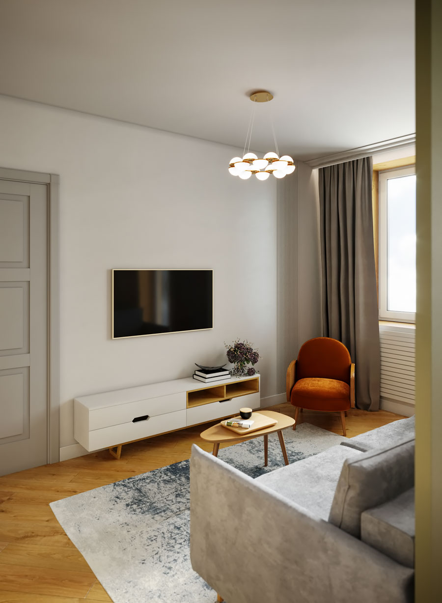 Дизайн интерьера гостиной комнаты трёхкомнатной квартиры