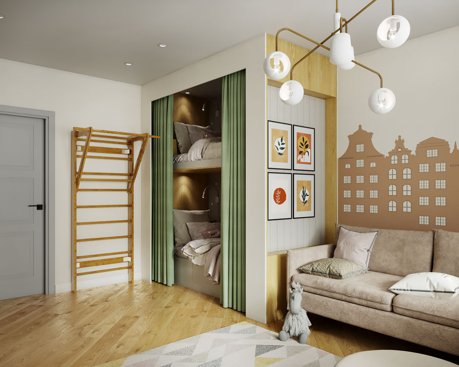 Дизайн интерьера детской спальни трёхкомнатной квартиры
