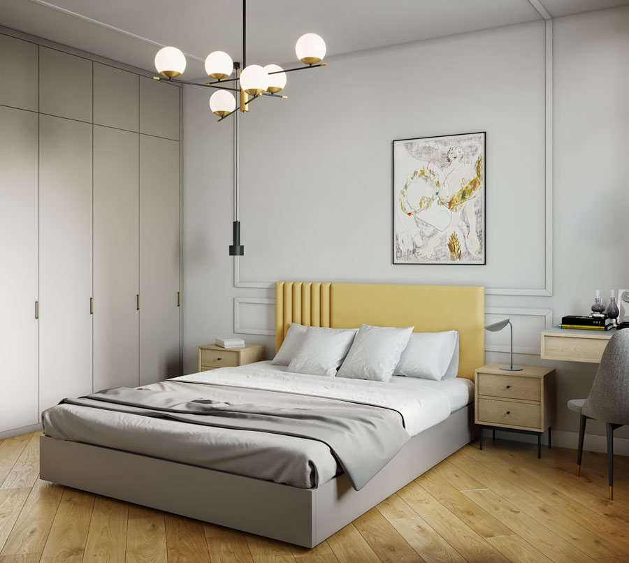 Дизайн интерьера спальной комнаты трёхкомнатной квартиры