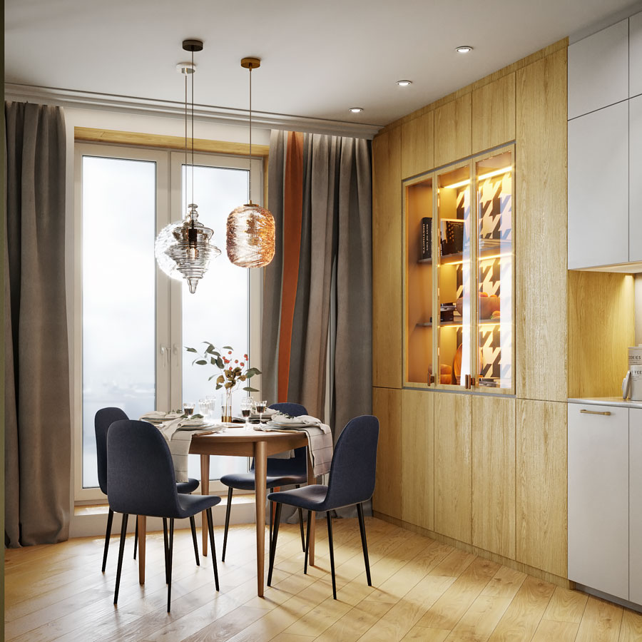 Дизайн интерьера кухни столовой трёхкомнатной квартиры