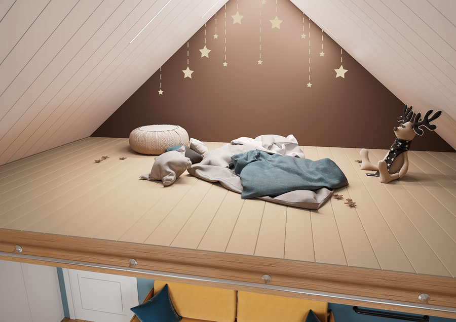 Дизайн интерьера детской спальни в мансарде таунхауса